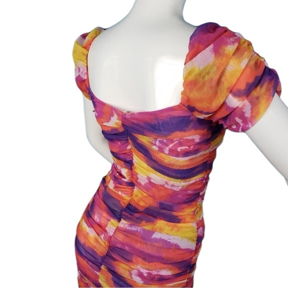 Urban Outfitters UO Tie Dye Rouched Mini Dress Puff Sleeves New Size S - Picture 14 of 15